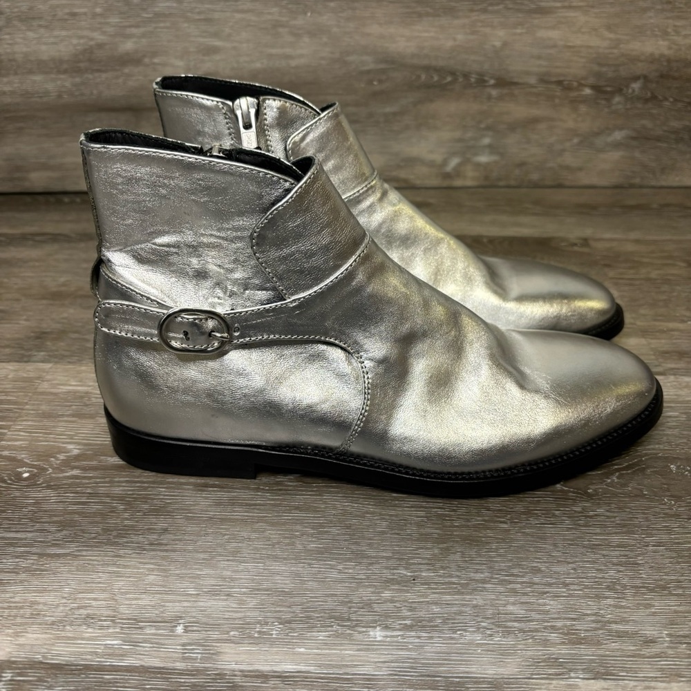 Officine Creative | Metallic Silver Leather Booties With Buckle Size 36 NEW